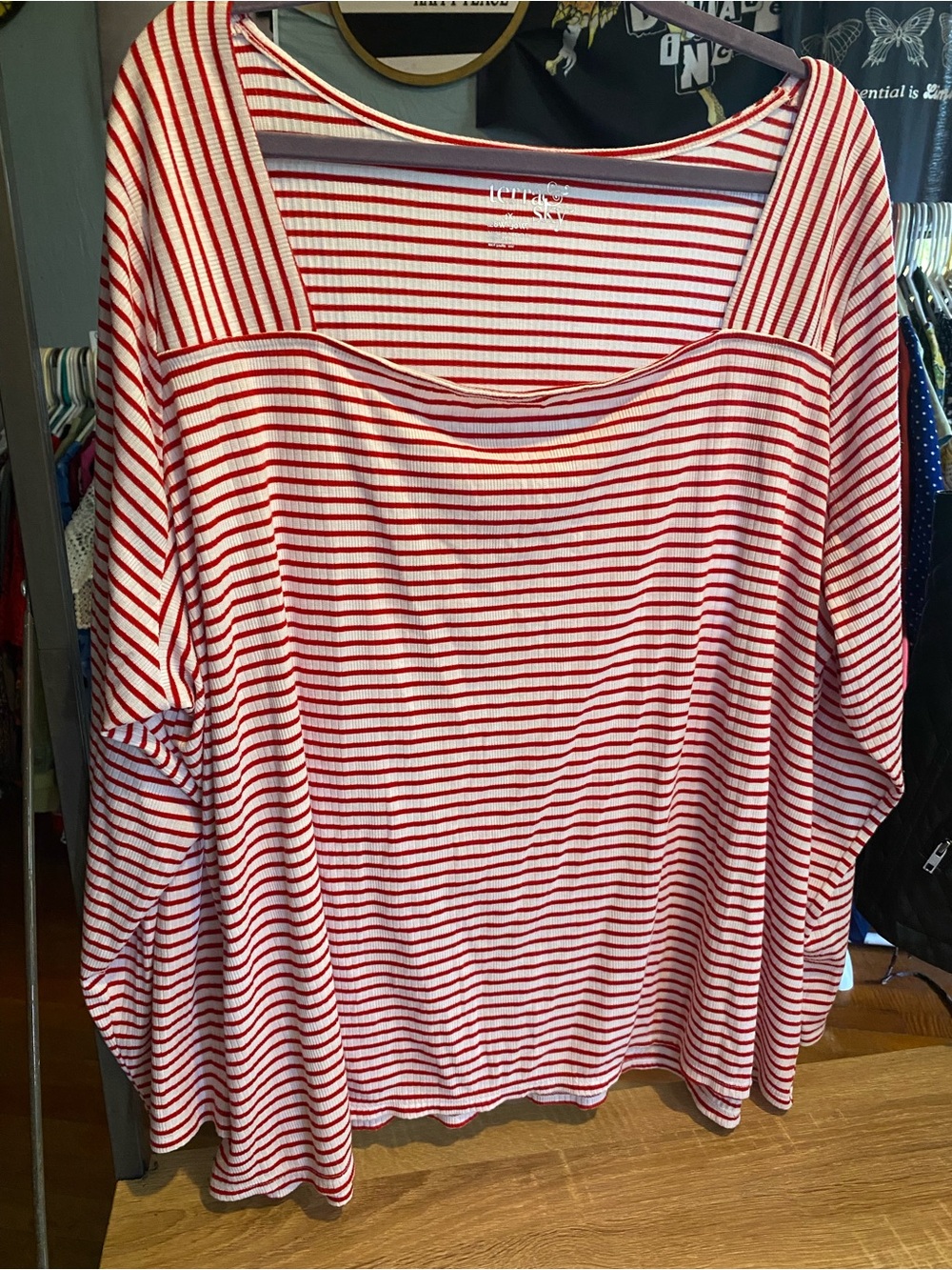 Terra & Sky Red and White Striped Square-Neck Long Sleeve Top - Relaxed Fit